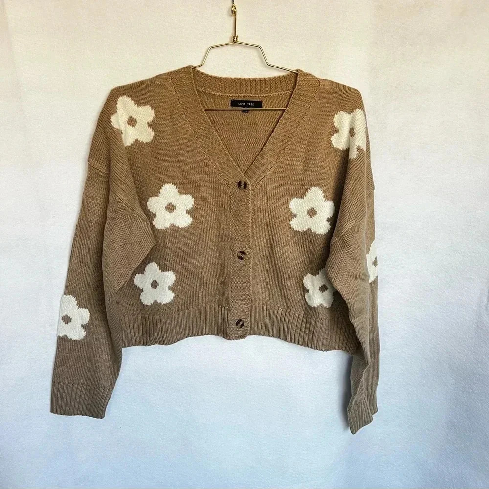 Cardigan Sweater Floral Knitted Oversized Boxy Waist Length Khaki Brown